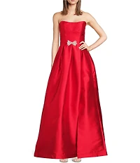 Pear Culture Satin Strapless Bow Trim Side Slit Dress