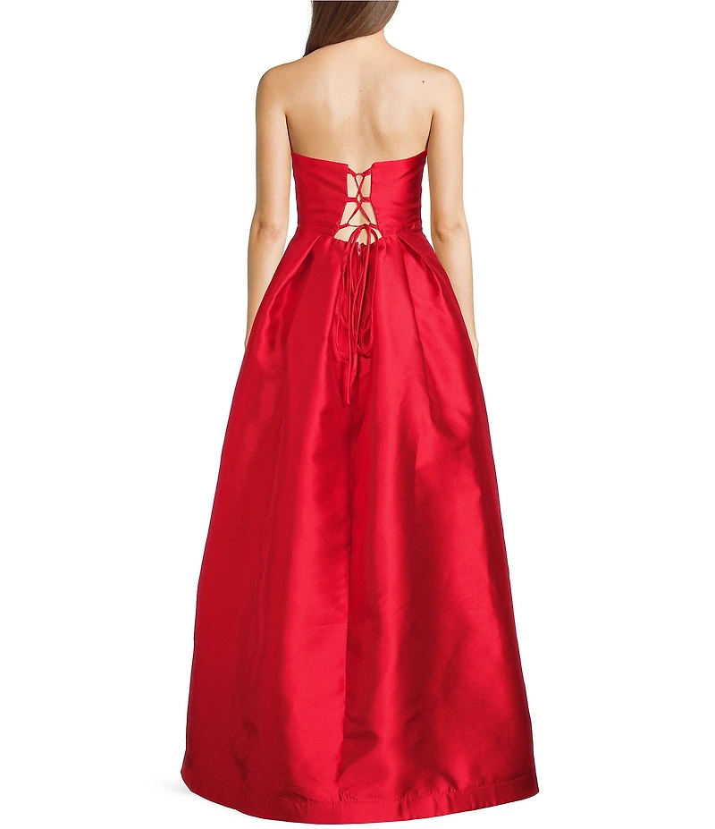 Pear Culture Satin Strapless Bow Trim Side Slit Dress