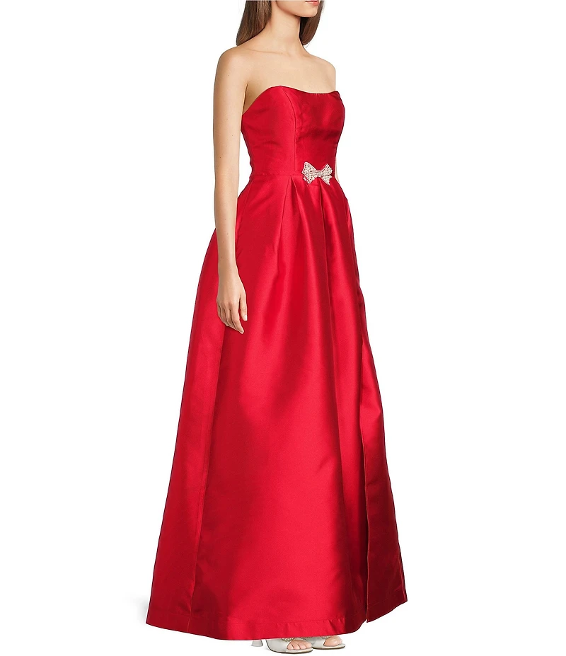 Pear Culture Satin Strapless Bow Trim Side Slit Dress