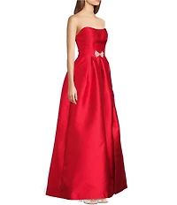 Pear Culture Satin Strapless Bow Trim Side Slit Dress