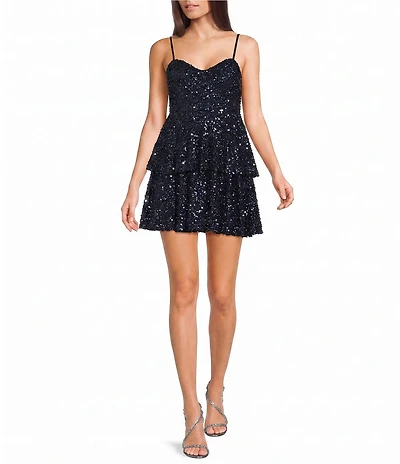 Pear Culture Sequin Sweetheart Neck Tiered Ruffle Dress