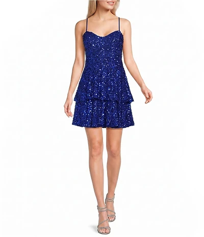 Pear Culture Sequin Sweetheart Neck Tiered Ruffle Dress