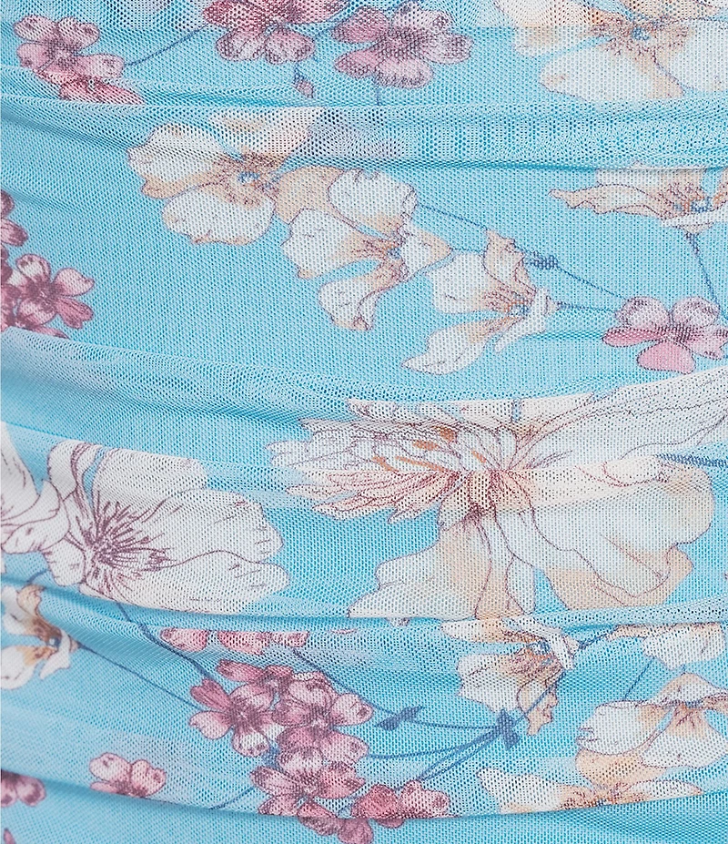 Pear Culture Sleeveless Floral Ruched Mesh Dress