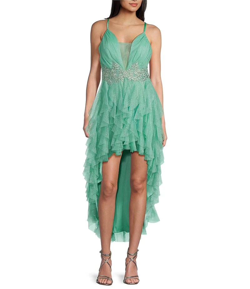 Pear Culture Spaghetti Strap Hi-Low Embroidered Applique Dress