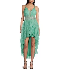 Pear Culture Spaghetti Strap Hi-Low Embroidered Applique Dress