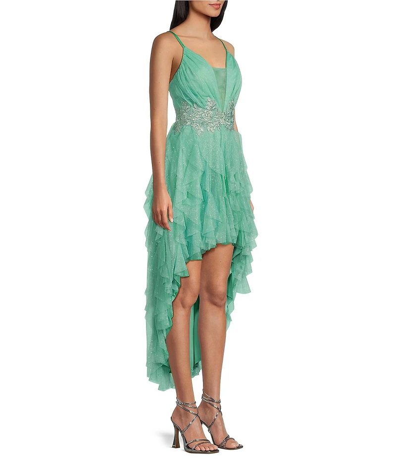 Pear Culture Spaghetti Strap Hi-Low Embroidered Applique Dress