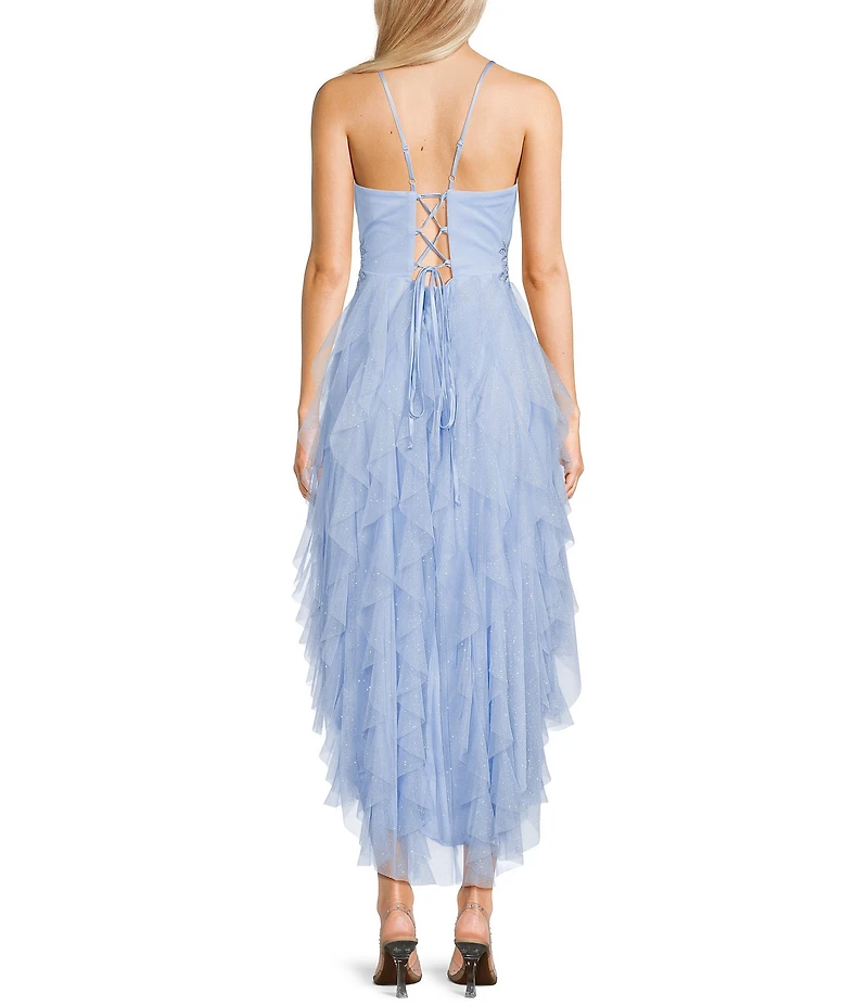 Pear Culture Spaghetti Strap Hi-Low Embroidered Applique Dress