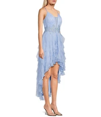 Pear Culture Spaghetti Strap Hi-Low Embroidered Applique Dress