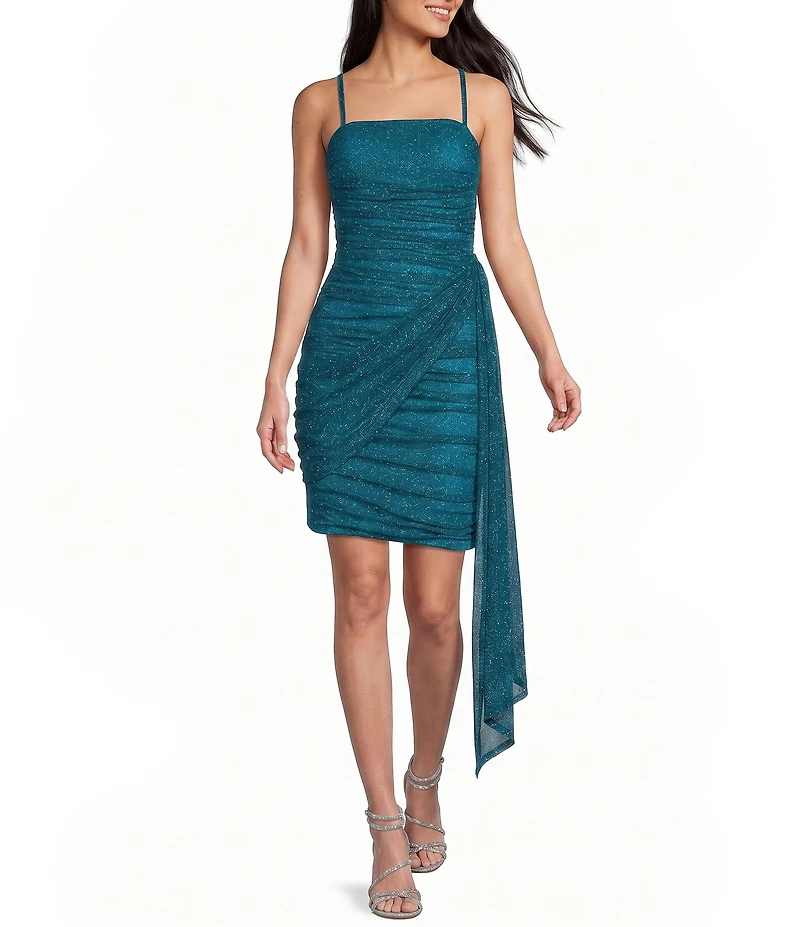 Pear Culture Spaghetti Strap Square Neck Wrap Tail Glitter Dress