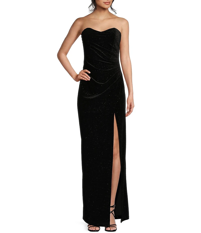 Pear Culture Strapless Sweetheart Glitter Velvet Dress