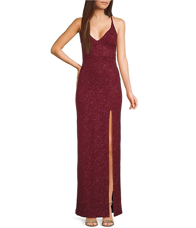 Pear Culture Spaghetti Strap V-Neck Glitter Dress
