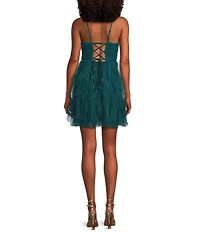 Pear Culture V-Neck Lace-Up Back Mesh Ruffle Dress