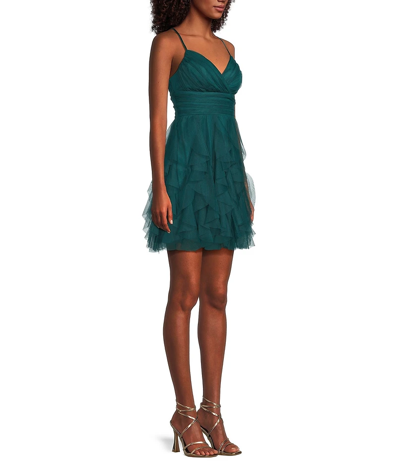 Pear Culture V-Neck Lace-Up Back Mesh Ruffle Dress
