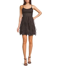 Pear Culture Scoop Neck Lace Up Back Glitter Fit & Flare Mini Dress