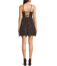 Pear Culture Scoop Neck Lace Up Back Glitter Fit & Flare Mini Dress