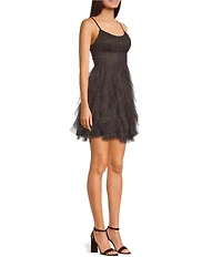 Pear Culture Scoop Neck Lace Up Back Glitter Fit & Flare Mini Dress