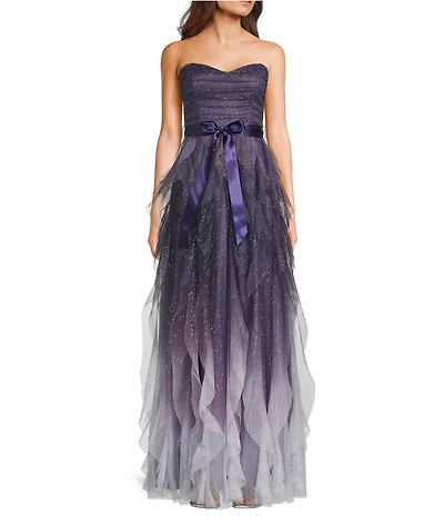 Pear Culture Strapless Glitter Ombre Mesh Ruffled Corkscrew Dress