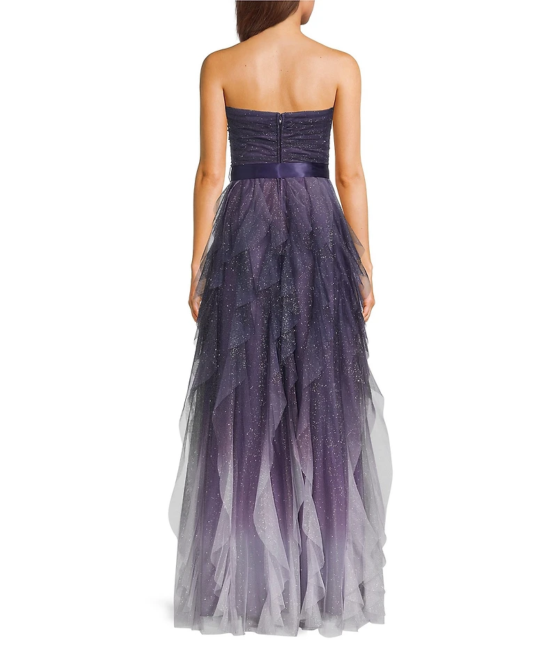Pear Culture Strapless Glitter Ombre Mesh Ruffled Corkscrew Dress
