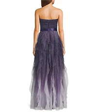 Pear Culture Strapless Glitter Ombre Mesh Ruffled Corkscrew Dress