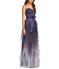 Pear Culture Strapless Glitter Ombre Mesh Ruffled Corkscrew Dress