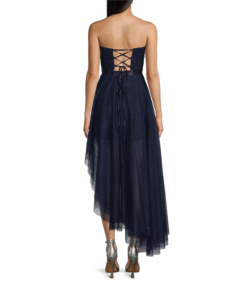 Pear Culture Strapless Lace-Up Back Asymmetrical Mesh Dress