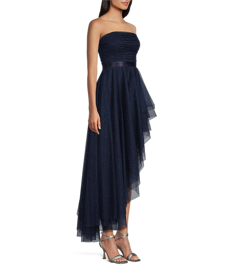 Pear Culture Strapless Lace-Up Back Asymmetrical Mesh Dress