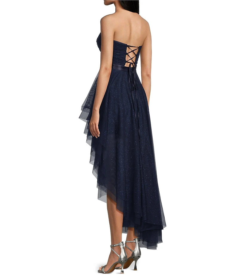 Pear Culture Strapless Lace-Up Back Asymmetrical Mesh Dress