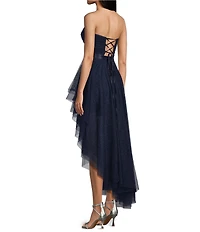 Pear Culture Strapless Lace-Up Back Asymmetrical Mesh Dress