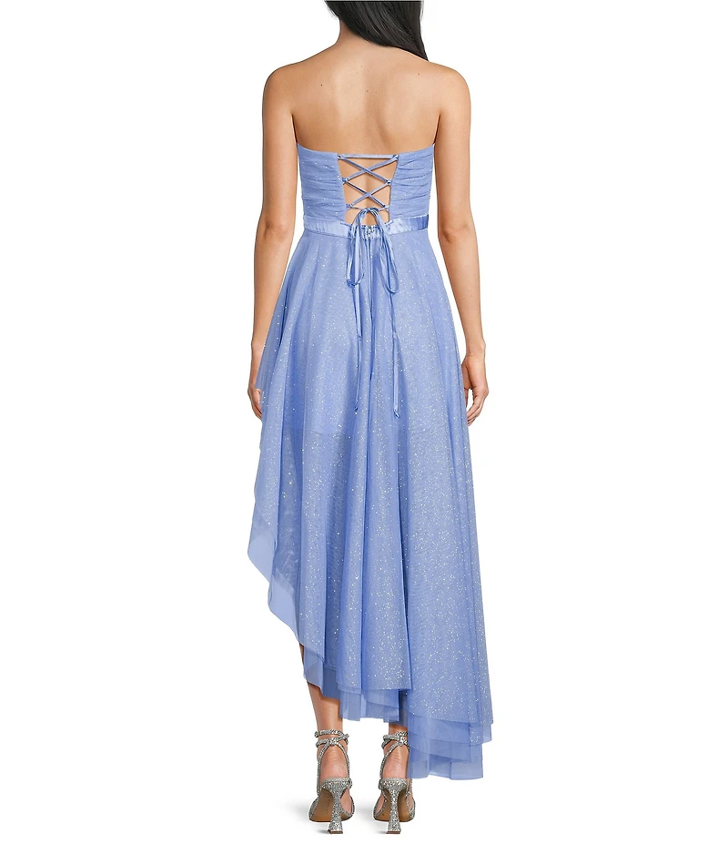 Pear Culture Strapless Lace-Up Back Asymmetrical Mesh Dress