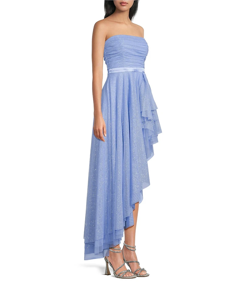 Pear Culture Strapless Lace-Up Back Asymmetrical Mesh Dress