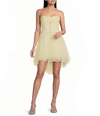 Pear Culture Strapless Mesh Twist Front Fit And Flare Dress