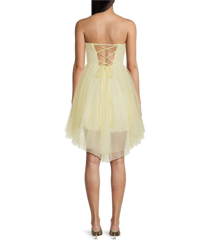Pear Culture Strapless Mesh Twist Front Fit And Flare Dress