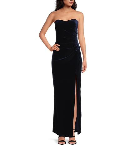Pear Culture Strapless Ruched Velvet Long Dress