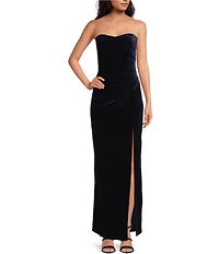 Pear Culture Strapless Ruched Velvet Long Dress