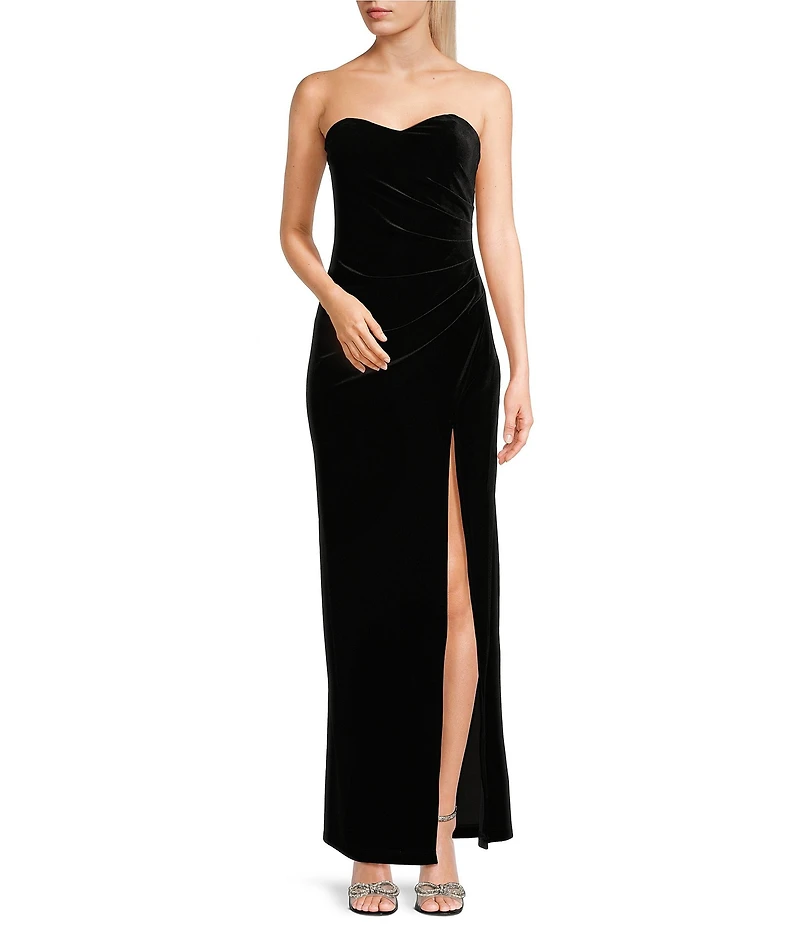 Pear Culture Strapless Ruched Velvet Long Dress