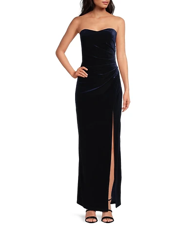 Pear Culture Strapless Ruched Velvet Long Dress