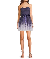 Pear Culture Strapless Waist Tie Glitter Ombre Mesh Corkscrew Fit & Flare Dress