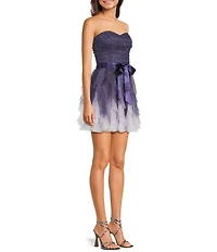 Pear Culture Strapless Waist Tie Glitter Ombre Mesh Corkscrew Fit & Flare Dress