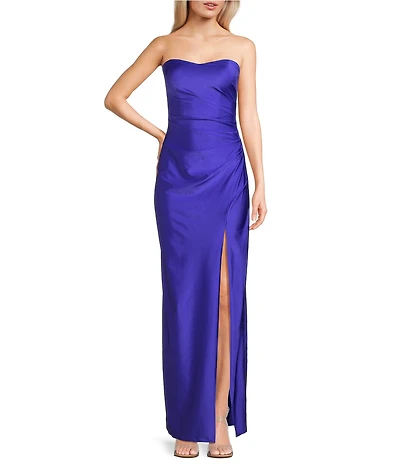 Pear Culture Stretch Satin Strapless Sweetheart Neck Point Wrap Side Slit Dress