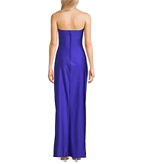 Pear Culture Stretch Satin Strapless Sweetheart Neck Point Wrap Side Slit Dress