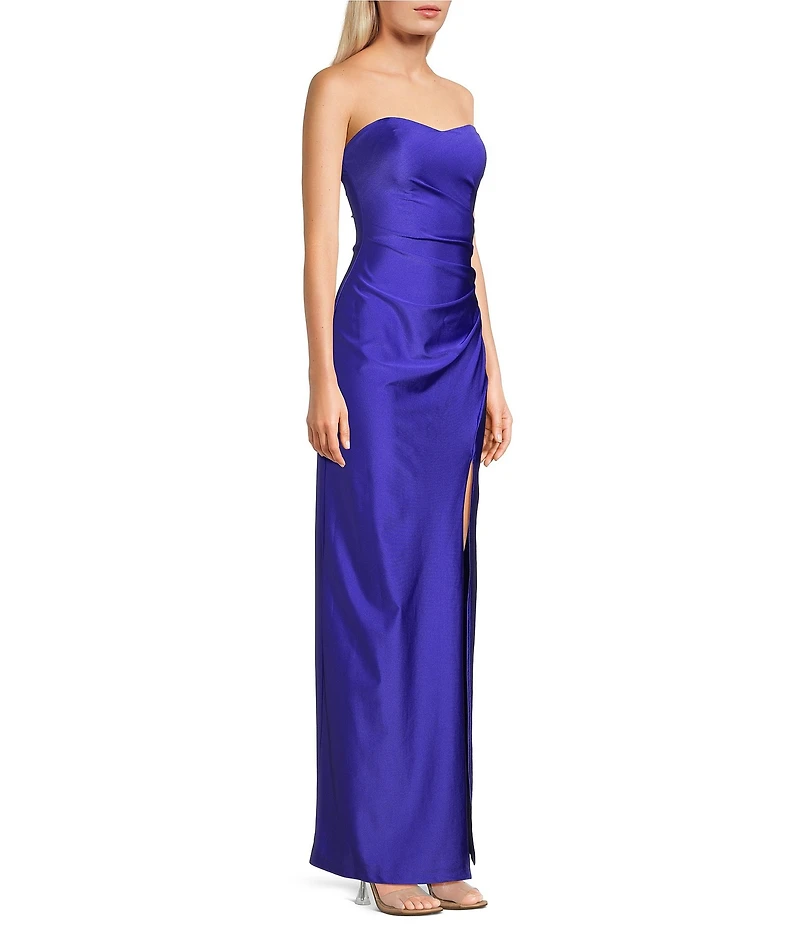 Pear Culture Stretch Satin Strapless Sweetheart Neck Point Wrap Side Slit Dress