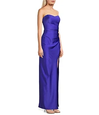 Pear Culture Stretch Satin Strapless Sweetheart Neck Point Wrap Side Slit Dress
