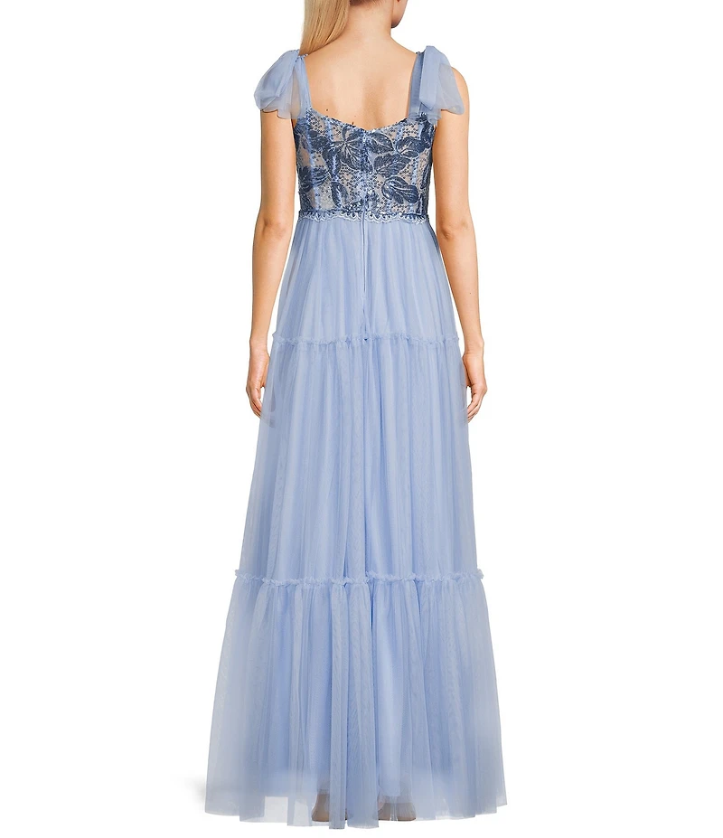 Pear Culture Tie Sleeveless Embroidered Mesh Dress