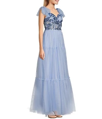 Pear Culture Tie Sleeveless Embroidered Mesh Dress