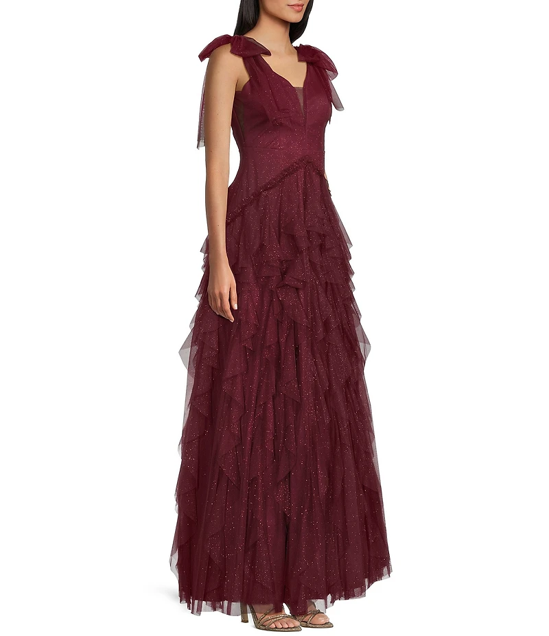 Pear Culture V-Neck Tie Shoulder Ruffled Dress