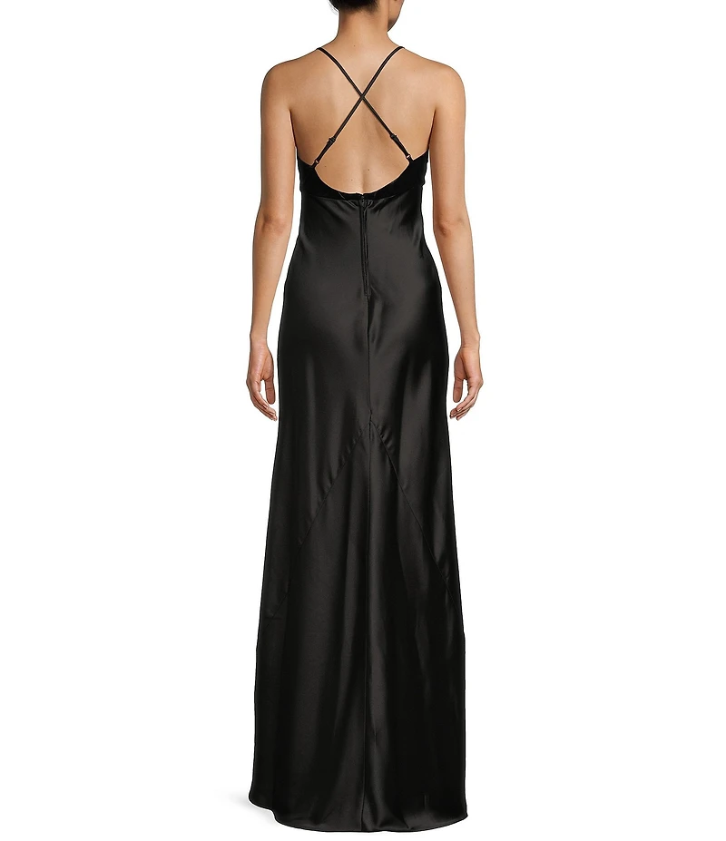 Pear Culture Velvet Satin V-Neck Spaghetti Strap Rhinestone Bow Dress