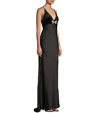 Pear Culture Velvet Satin V-Neck Spaghetti Strap Rhinestone Bow Dress