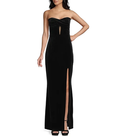 Pear Culture Velvet Strapless Twist Front Illusion Bodice Front Slit Ballgown