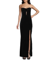 Pear Culture Velvet Strapless Twist Front Illusion Bodice Front Slit Ballgown