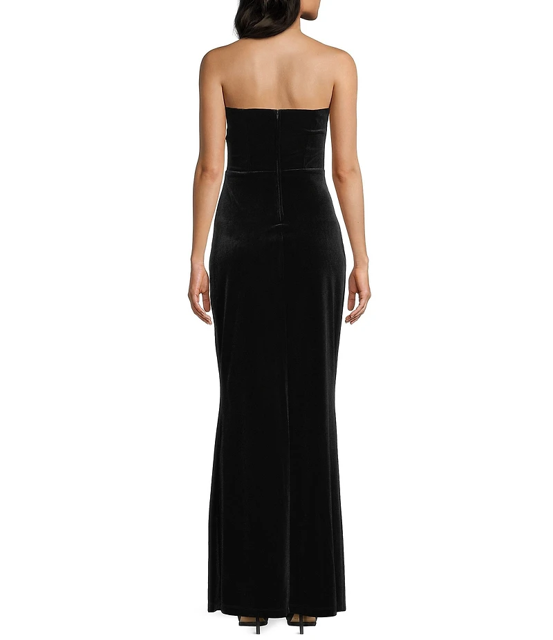 Pear Culture Velvet Strapless Twist Front Illusion Bodice Front Slit Ballgown